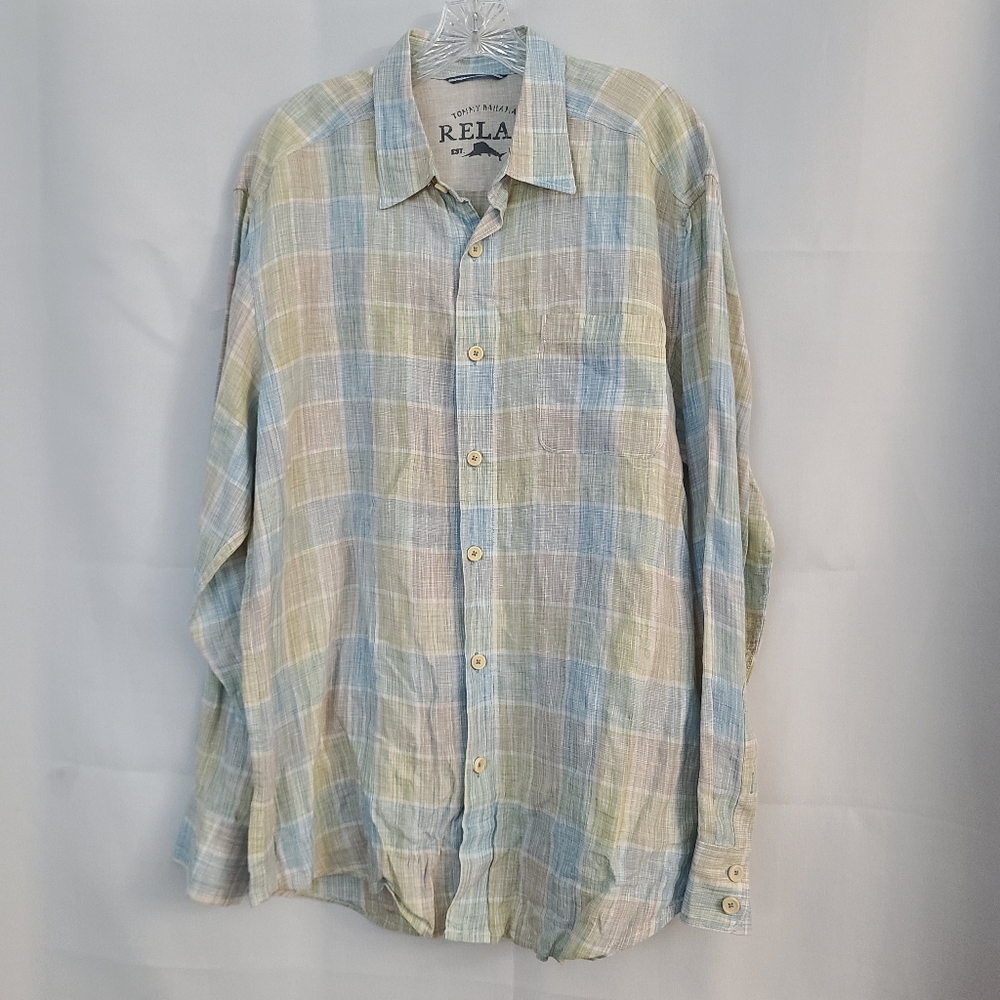 Tommy Bahama Mens Sz L Blue Green Gray Pastel Linen Relax Fit Plaid Button Up